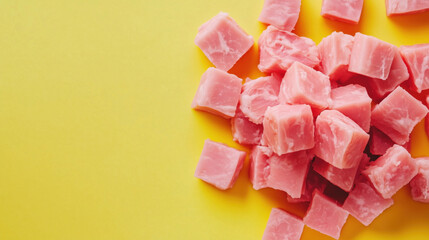 Colorful pink candy cubes arranged on a bright yellow background, perfect for sweet treats and dessert themes.