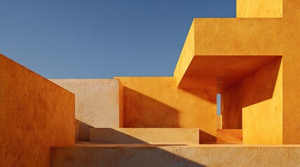 Sun-drenched, abstract architectural forms in ochre and beige tones, showcasing interplay of light and shadow on textured surfaces;  geometric composition 