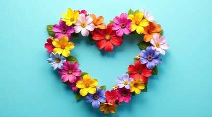Vibrant Floral Heart Arrangement on a Turquoise Background A Symbol of Love and Springtime Festivities