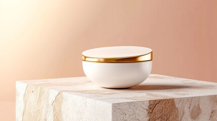Elegant cosmetic jar with a golden lid resting on a marble table, perfect for showcasing beauty products in a minimalist setting.