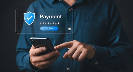 Secure Mobile Payment Confirmation Technology. Digital Payment Authorization on Smartphone,Confirming Online Payment Using Mobile App ,Contactless Digital Payment Confirmation, Secure Payment Process 