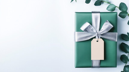 Elegant green gift box with a silver ribbon and a blank tag surrounded by greenery, perfect for special occasions and celebrations.