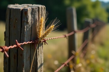 Rustic wooden post with barbed wire and dried wheat stalks in a sunlit rural field