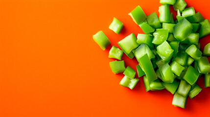 Freshly chopped green bell pepper pieces on a vibrant orange background, perfect for healthy cooking and vibrant dishes.