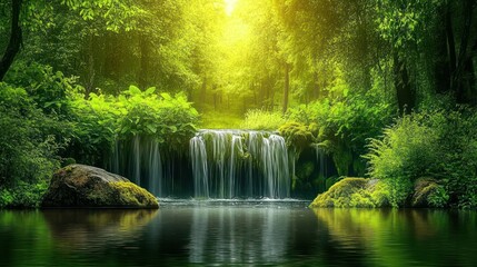 Serene lush green forest with gentle waterfall flowing into calm river surrounded by vibrant foliage and sunlight streaming through canopy creating peaceful nature scene