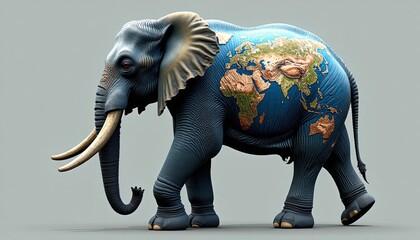 Detailed illustration of an elephant with a world map design on its body.