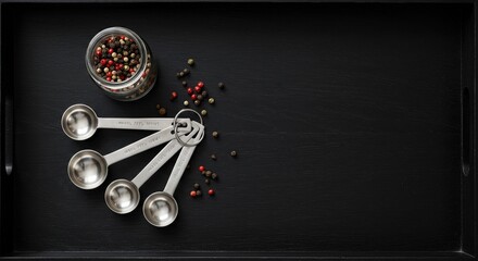 Overhead view of measuring spoons and pepper jar on a black tray top