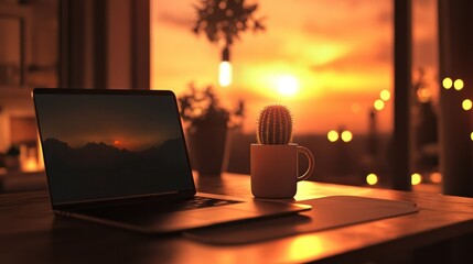 Cozy workspace with laptop and cactus plant on wooden desk overlooking sunset view through large window with warm ambient lighting and blurred outdoor lights in the background