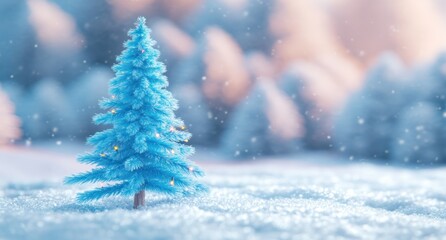 Icy blue Christmas tree on snow hill