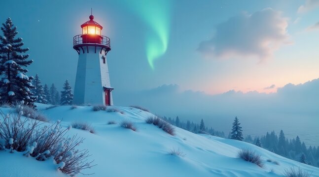 Winter Lighthouse Under the Aurora Borealis, a Serene Seascape of Snow-Covered Hills and Evergreen Trees