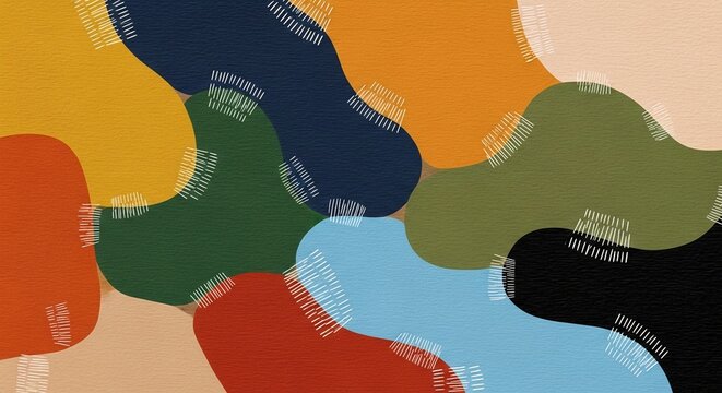 An abstract artwork with colorful, overlapping shapes bordered by white dashed lines, and scattered black dashes across the surface.
