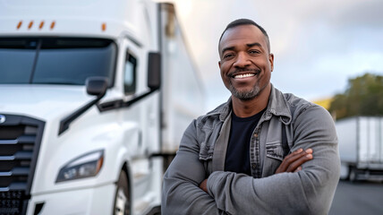 Truck Driver Standing Beside Long-Haul Rig.
