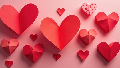 Collection of colorful paper hearts on a pastel background.