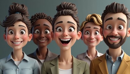 Diverse group of cartoon characters with expressive faces.