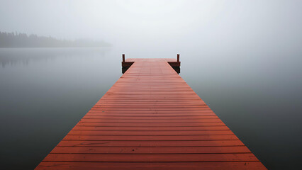 Obraz premium Red Wooden Dock Extending into Misty Lake - Serene and Eerie Foggy Landscape