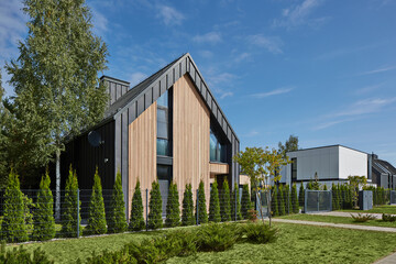 New modern block of flats in green area. residential apartment with flat buildings exterior. luxury...