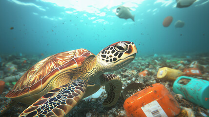 Obraz premium Sea Turtle Swimming in Trash-Polluted Water. 