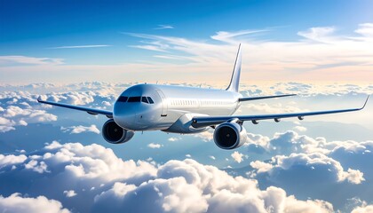 Obraz premium Airplane flying above clouds at sunset.