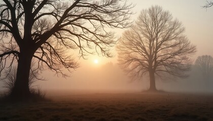 Misty sunrise with bare trees silhouetted against the light.