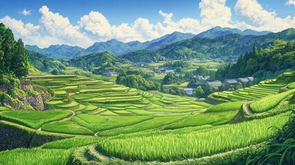 Fototapeta premium Breathtaking panoramic view of lush green terraced rice paddies in a rural mountain landscape highlighting vibrant vegetation and scenic natural beauty under clear blue sky