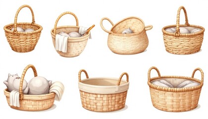 Collection of hand-drawn baskets with grey animals.