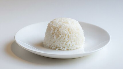 Close-up of a single serving of fluffy steamed white rice shaped into a mound on a white ceramic plate with a plain white background, minimalism, food presentation