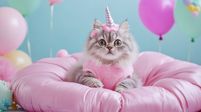 Adorable fluffy gray kitten wea pink unicorn horn headband lying on pink cushion in colorful birthday party setting with balloons and decorations
