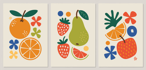 Three panels of fruit art featuring oranges strawberries pears and abstract floral elements in a row