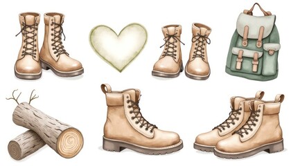 Hand-drawn illustration of hiking boots, a backpack, and logs.