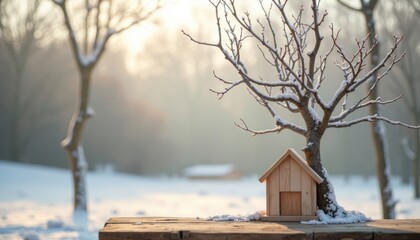 Small wooden house nestled under a snow-covered tree in a winter landscape.