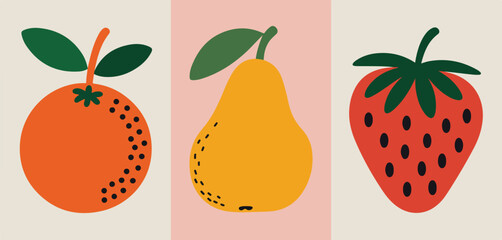 A simple illustration of an orange, a pear, and a strawberry against different colored backgrounds