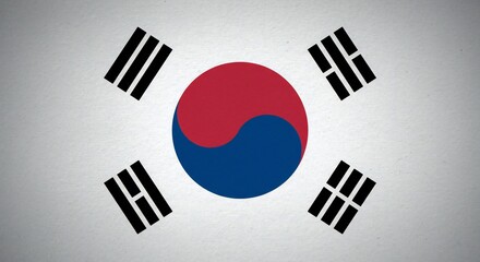 South Korean flag, centered Taeguk symbol in red and blue, four black trigrams in each corner, textured gray background, minimalist style, evoking national pride.