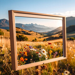the scene depicts a wooden frame placed in a field of tall grass, showcasing a landscape scene within