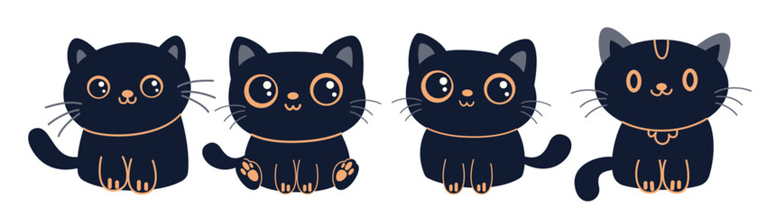 Halloween cats characters clipart set. Cute black cat animal drawing clip art with different pose for horror, spooky, scary and skittish Halloween character collection vector illustration.  
