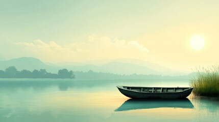 Serene sunrise over calm lake with a lone wooden boat resting near the shoreline amid misty mountains and lush greenery creating a peaceful natural landscape scene