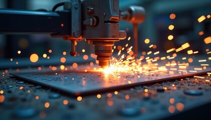 Industrial metal cutting machine in action.