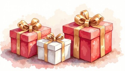 Three gift boxes in varying colors and sizes.