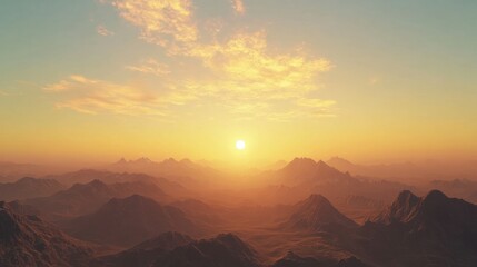 Obraz premium Breathtaking sunset over mountain range with vibrant orange and yellow sky casting warm glow on rugged peaks du evening twilight scene