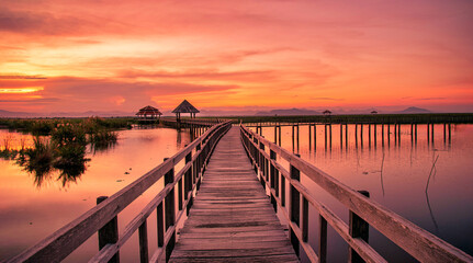 Fototapeta premium Wooden bridge at sunset in Khao Sam Roi Yod National Park, Prachupkhirikhan Province, Thailand.