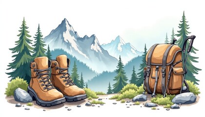 Hiking boots and backpack in a mountain landscape.