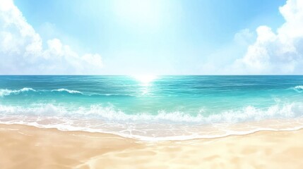 Fototapeta premium Beautiful serene tropical beach with clear turquoise water gentle waves sandy shoreline bright sunny sky with fluffy clouds peaceful summer seaside landscape