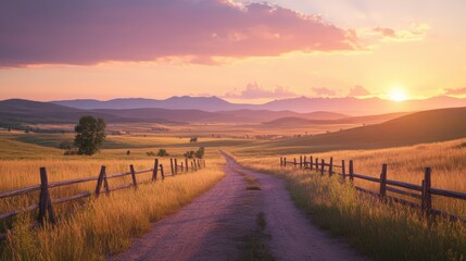 Expansive rural countryside landscape during golden hour sunset with wide open fields of tall swaying grass wooden fences and rolling hills under soft pink orange sky atmosphere