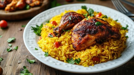 Delicious grilled chicken thighs served over vibrant saffron-infused yellow rice with vegetables garnished with fresh herbs on a white plate