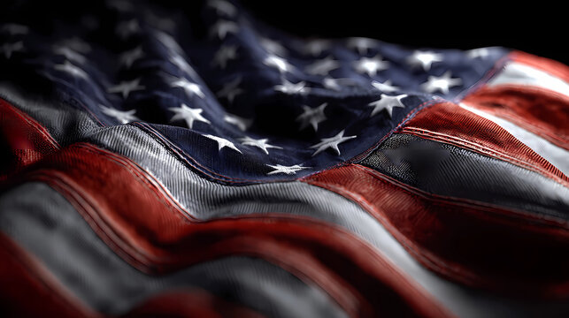 Close-up of an American flag waving against a black background.