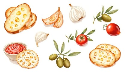 Hand-drawn illustration of assorted food items.