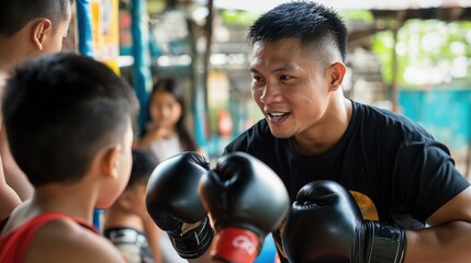 Southeast Asian boxing coach teaching children proper techniques in community outreach program with protective gear showing disciplined youth development and respectful sports instruction