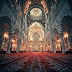 Ornate mosque interior decorated for Eid prayer. Peaceful spiritual atmosphere perfect for Islamic religious observance and worship. Islamic religious observance concept.