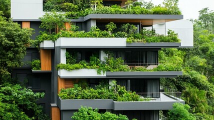 Modern apartment building with extensive green roofs and terraces. Lush vegetation adorns balconies and rooftops, integrating nature into the urban structure