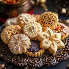 Elaborately decorated Eid cookies and pastries on ornate serving dish in festive. Islamic holiday baking and cultural cuisine concept. Eid holiday baking concept. Traditional Islamic cultural cuisine.
