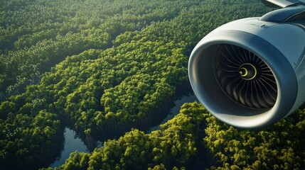 Close-up of an aircraft engine marked with a biofuel insignia, seamlessly transitioning to an aerial view of lush mangrove forest. Sustainable aviation and natural carbon sequestration solutions.